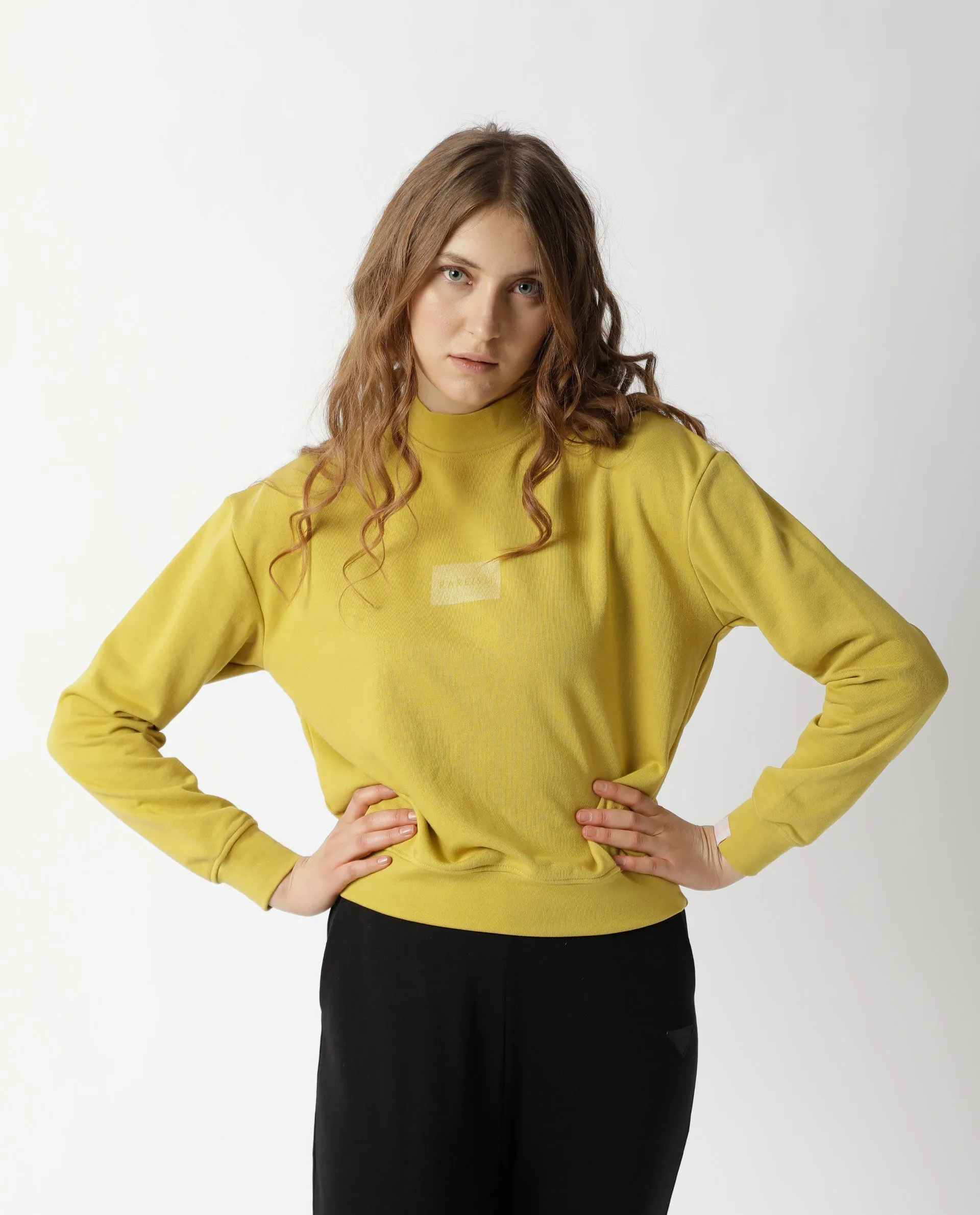 Rareism Women Hectare Yellow Cotton Poly Fabric Relaxed Fit Full Sleeves Solid High Neck Sweatshirt