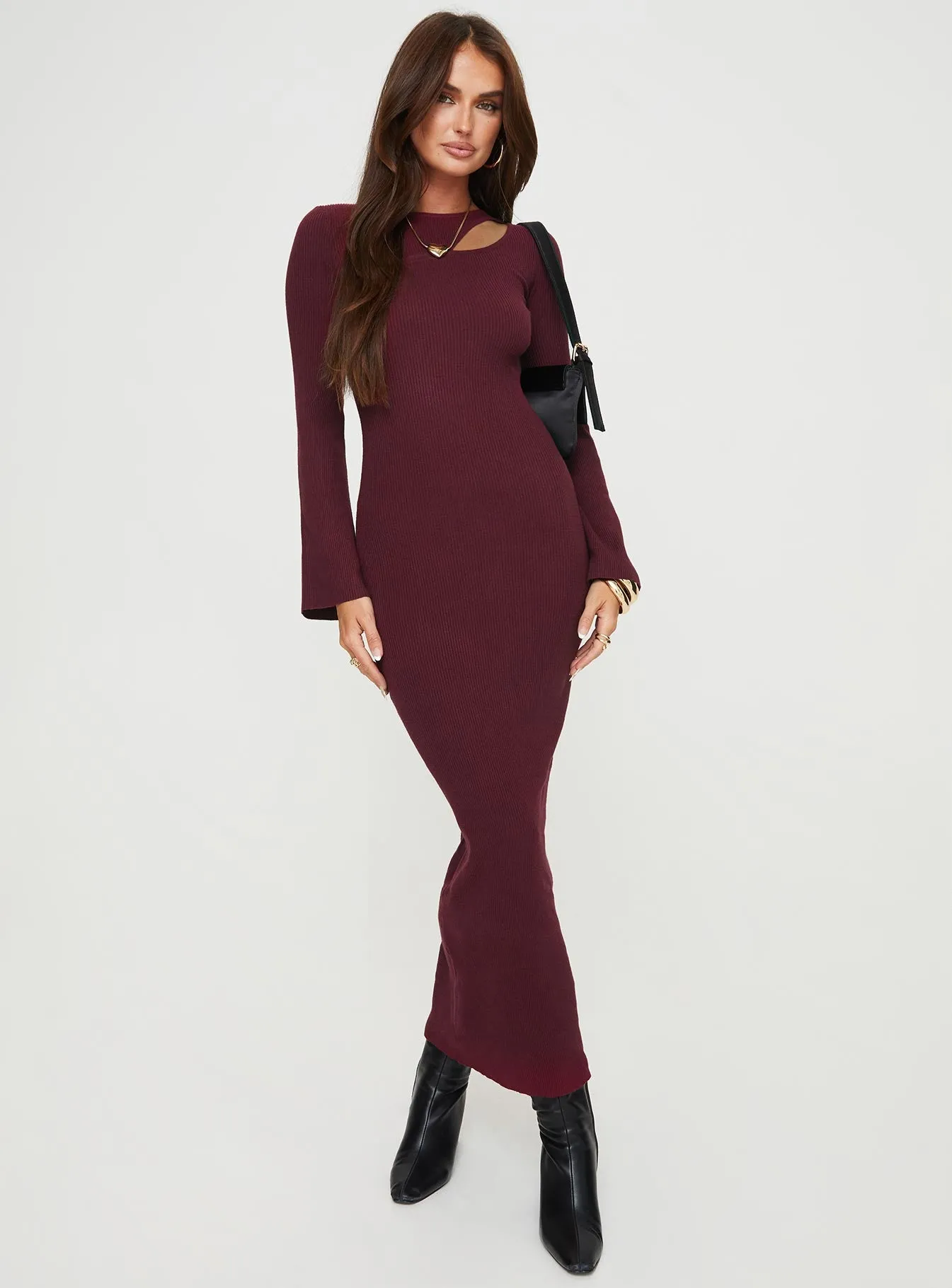 Maroon Cut Out Knit Maxi Dress by Rydelle