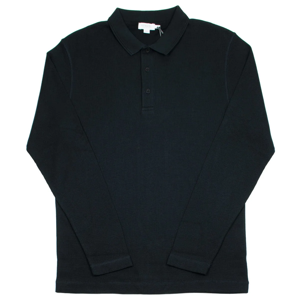 Sunspel Long Sleeve Waffle Polo Black