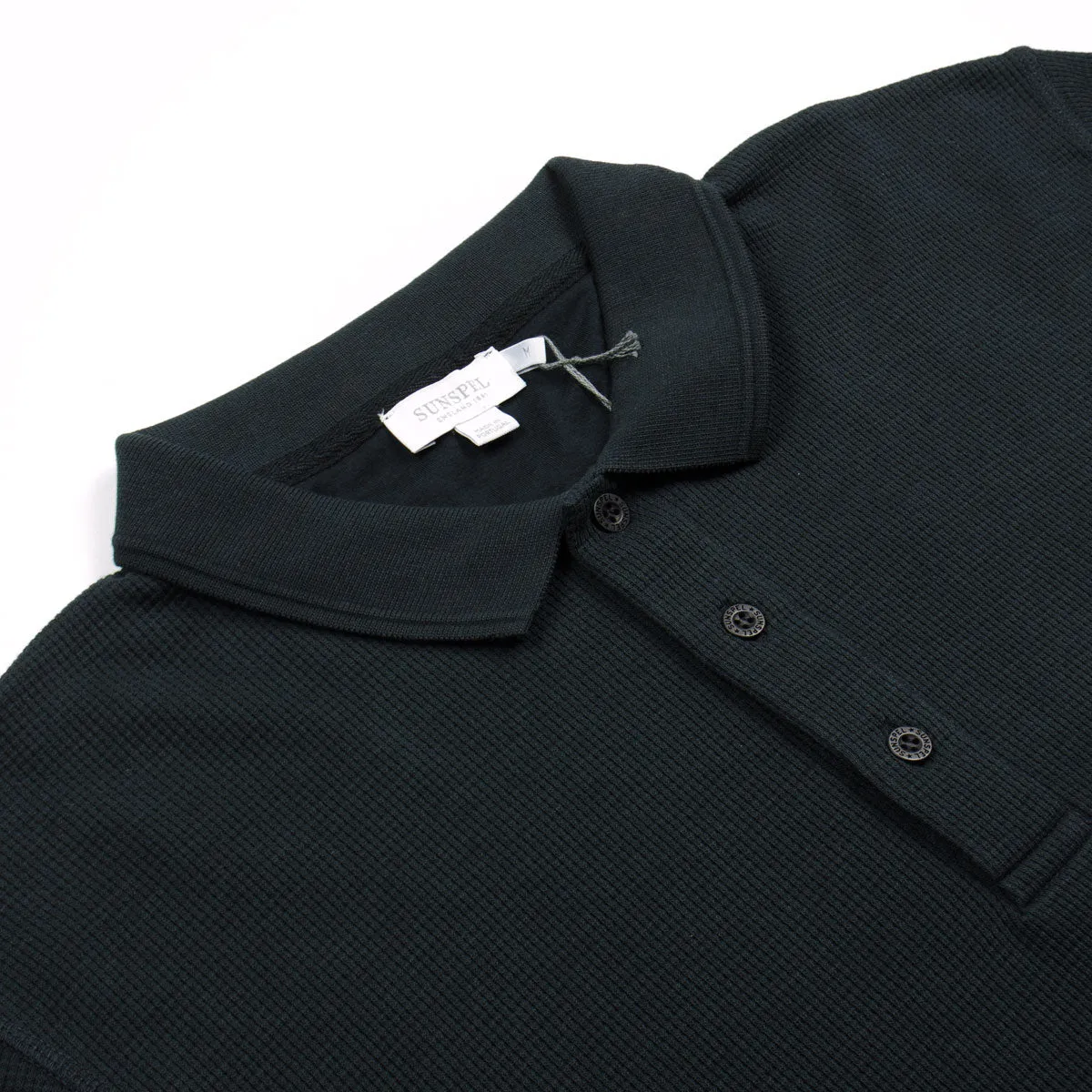 Sunspel Long Sleeve Waffle Polo Black