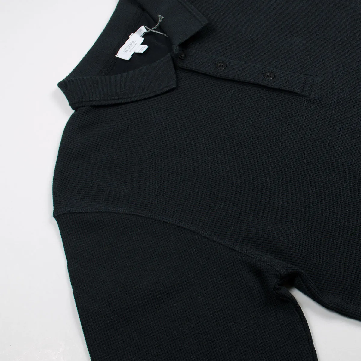 Sunspel Long Sleeve Waffle Polo Black