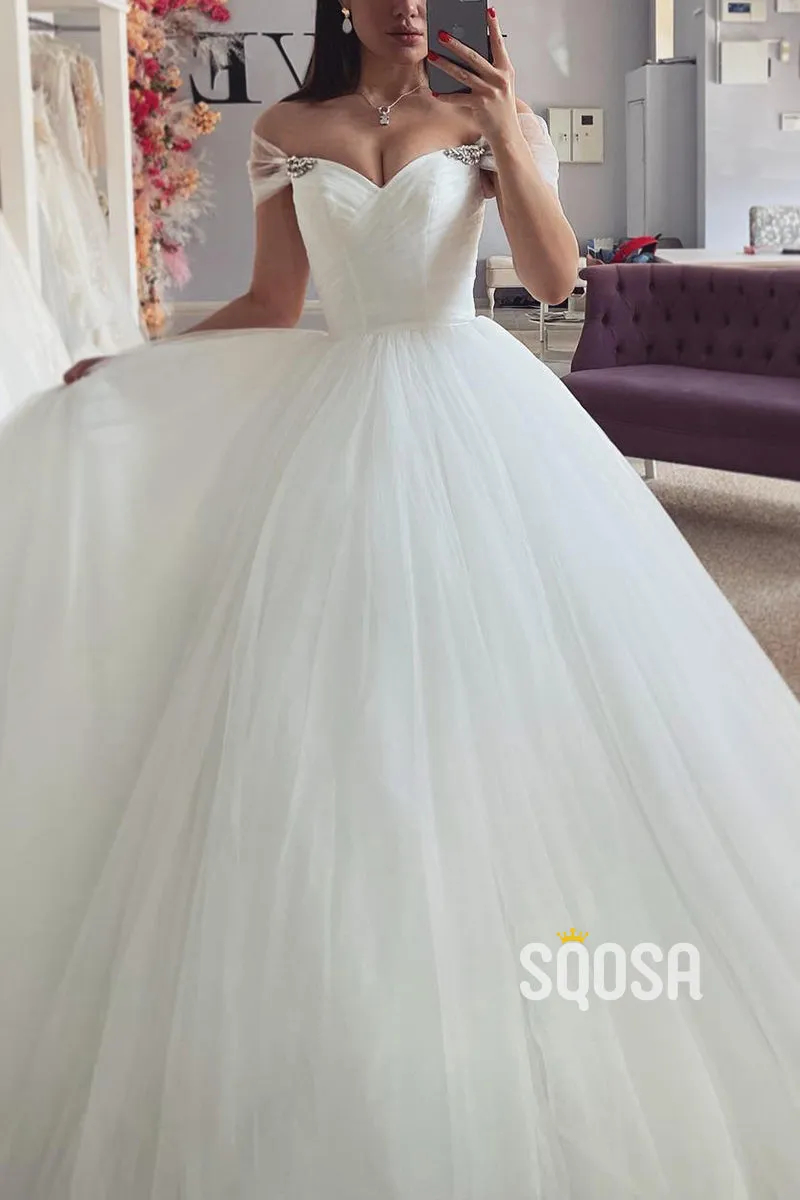 Off-Shoulder Tulle A-Line Wedding Dress with Train