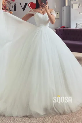 Off-Shoulder Tulle A-Line Wedding Dress with Train