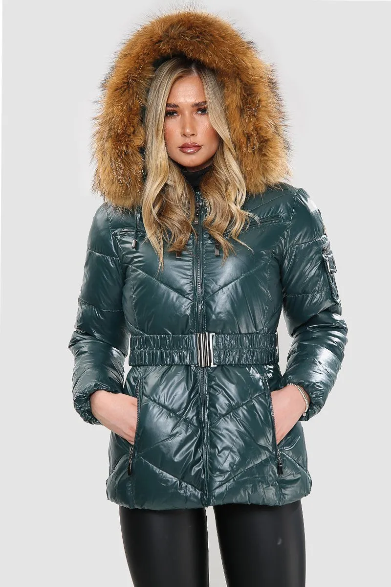 Teal Wet Look Natural Fur Hood Puffa Jacket