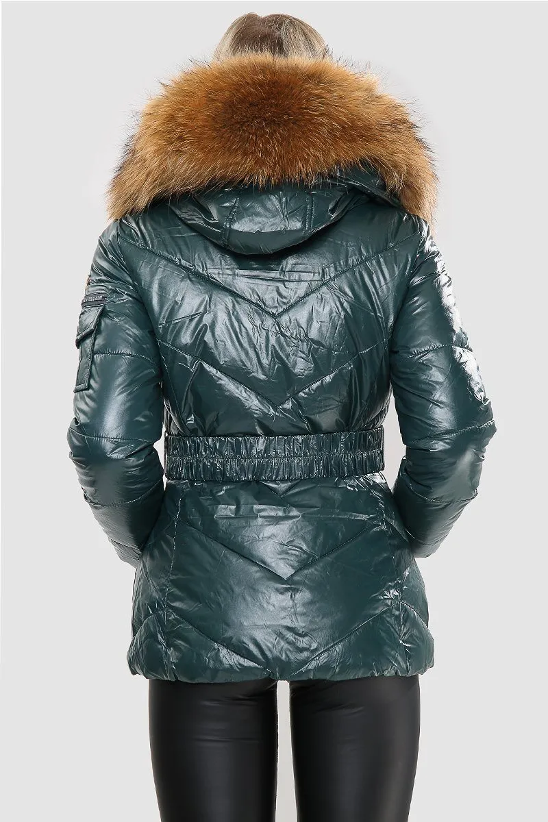 Teal Wet Look Natural Fur Hood Puffa Jacket