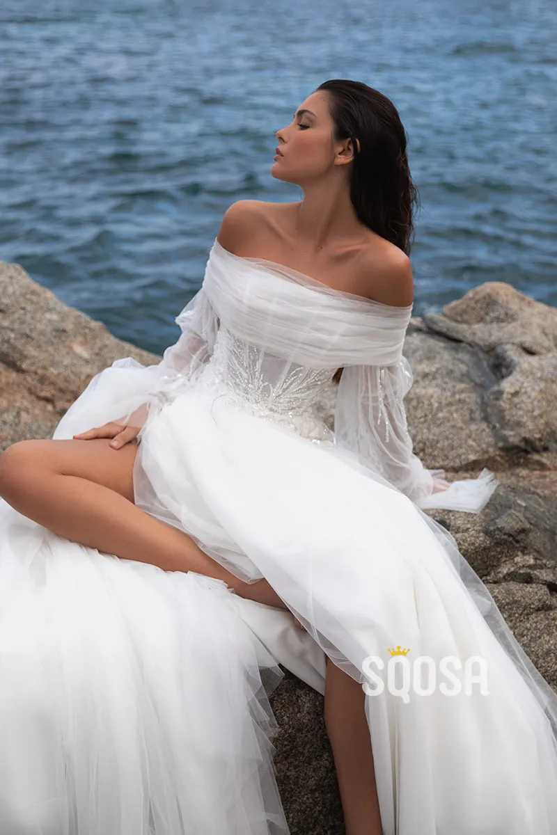 Tulle Beach Wedding Dress With Off-Shoulder Design - QW8125