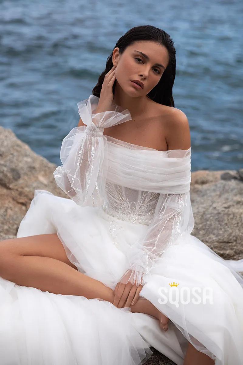 Tulle Beach Wedding Dress With Off-Shoulder Design - QW8125