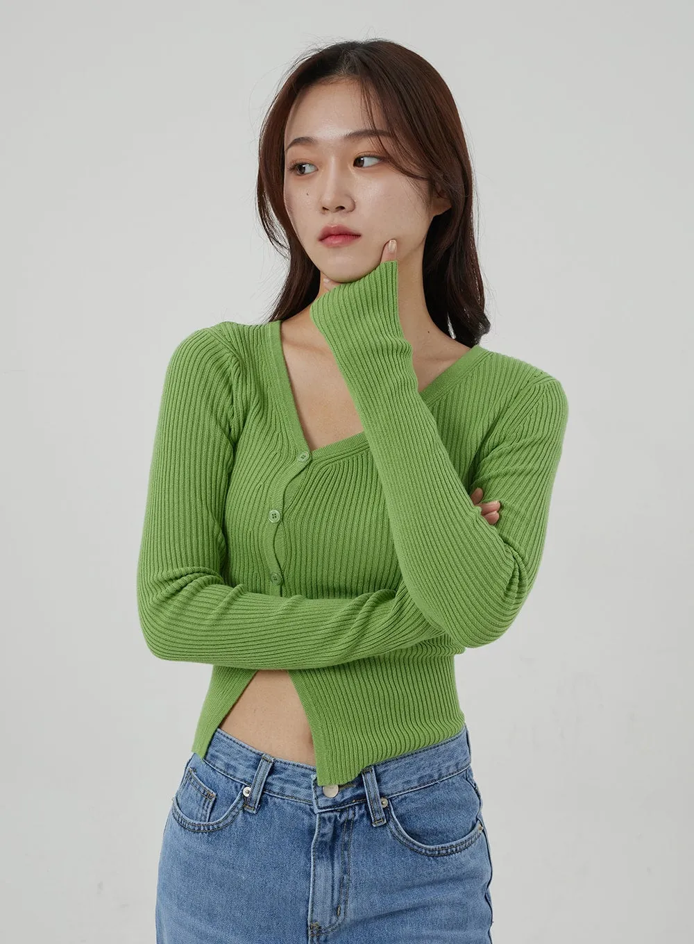 Button Cropped Ribbed Knit Top OJ319