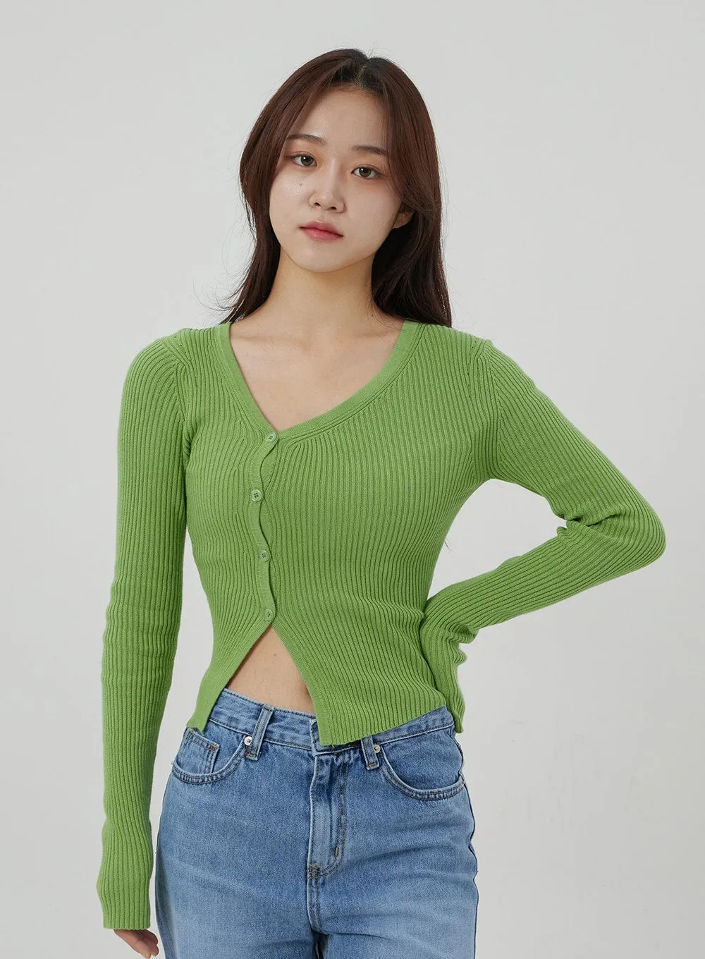 Button Cropped Ribbed Knit Top OJ319