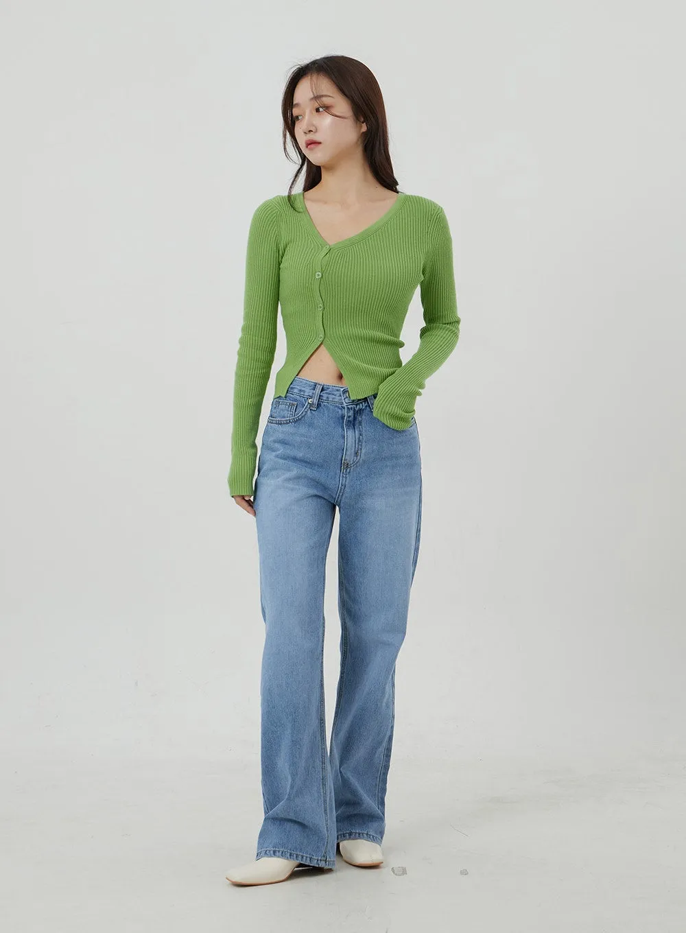 Button Cropped Ribbed Knit Top OJ319