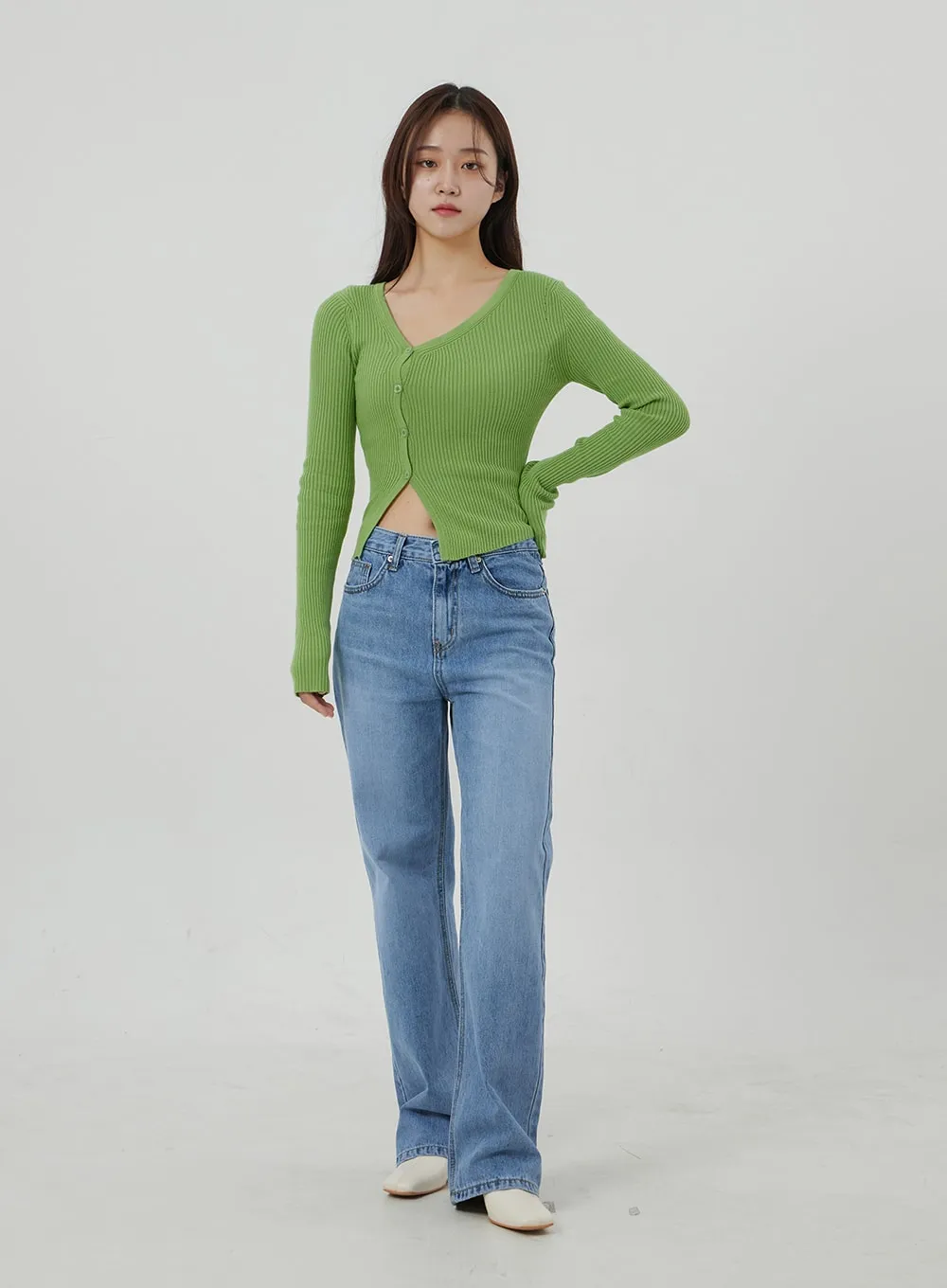 Button Cropped Ribbed Knit Top OJ319