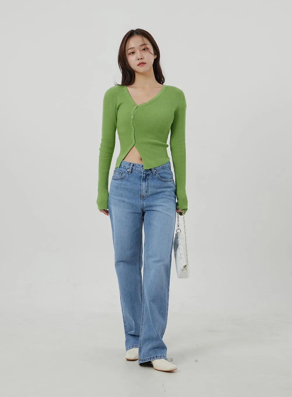 Button Cropped Ribbed Knit Top OJ319