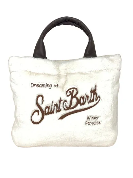 White fur women's purse with front logo.