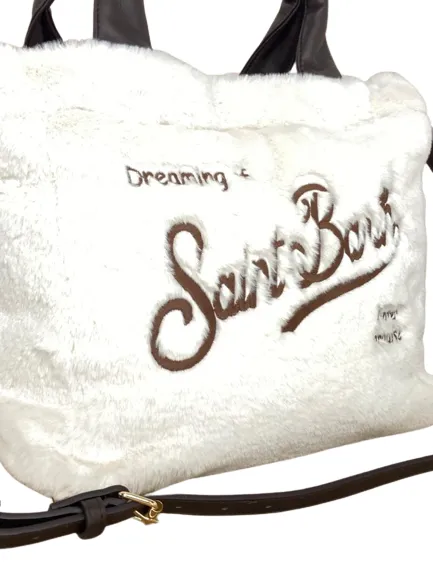 White fur women's purse with front logo.