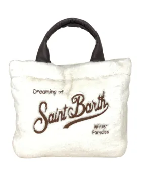 White fur women's purse with front logo.