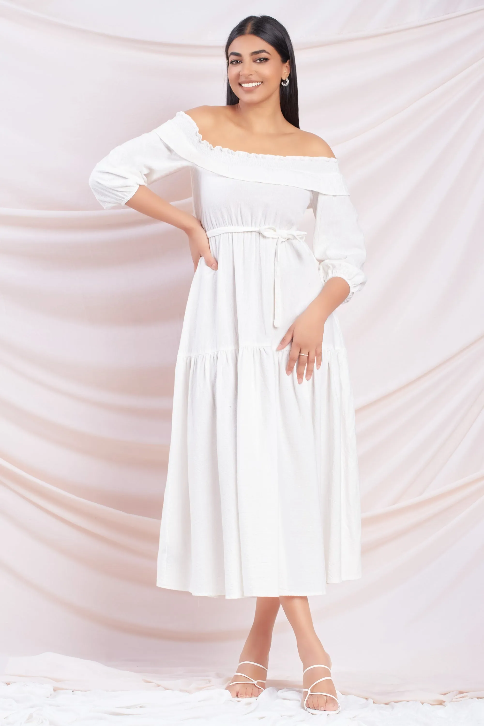 Off Shoulder White Midi Dress • Shop Now