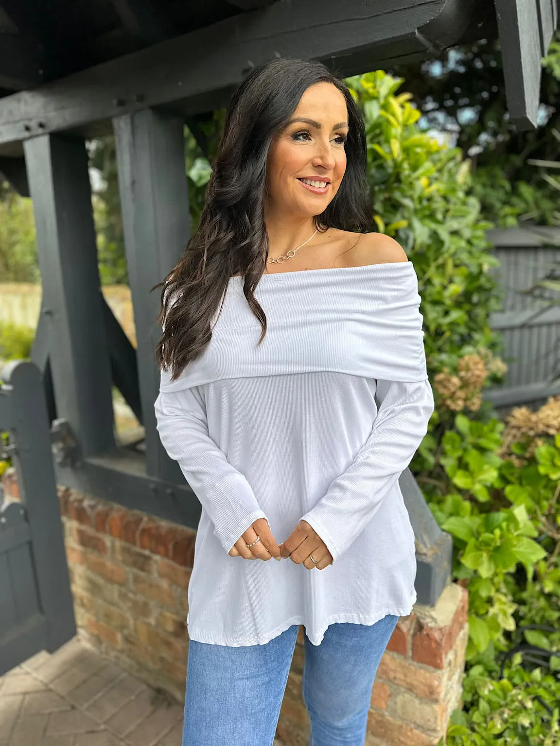 White Ribbed Off the Shoulder Top in Ruby