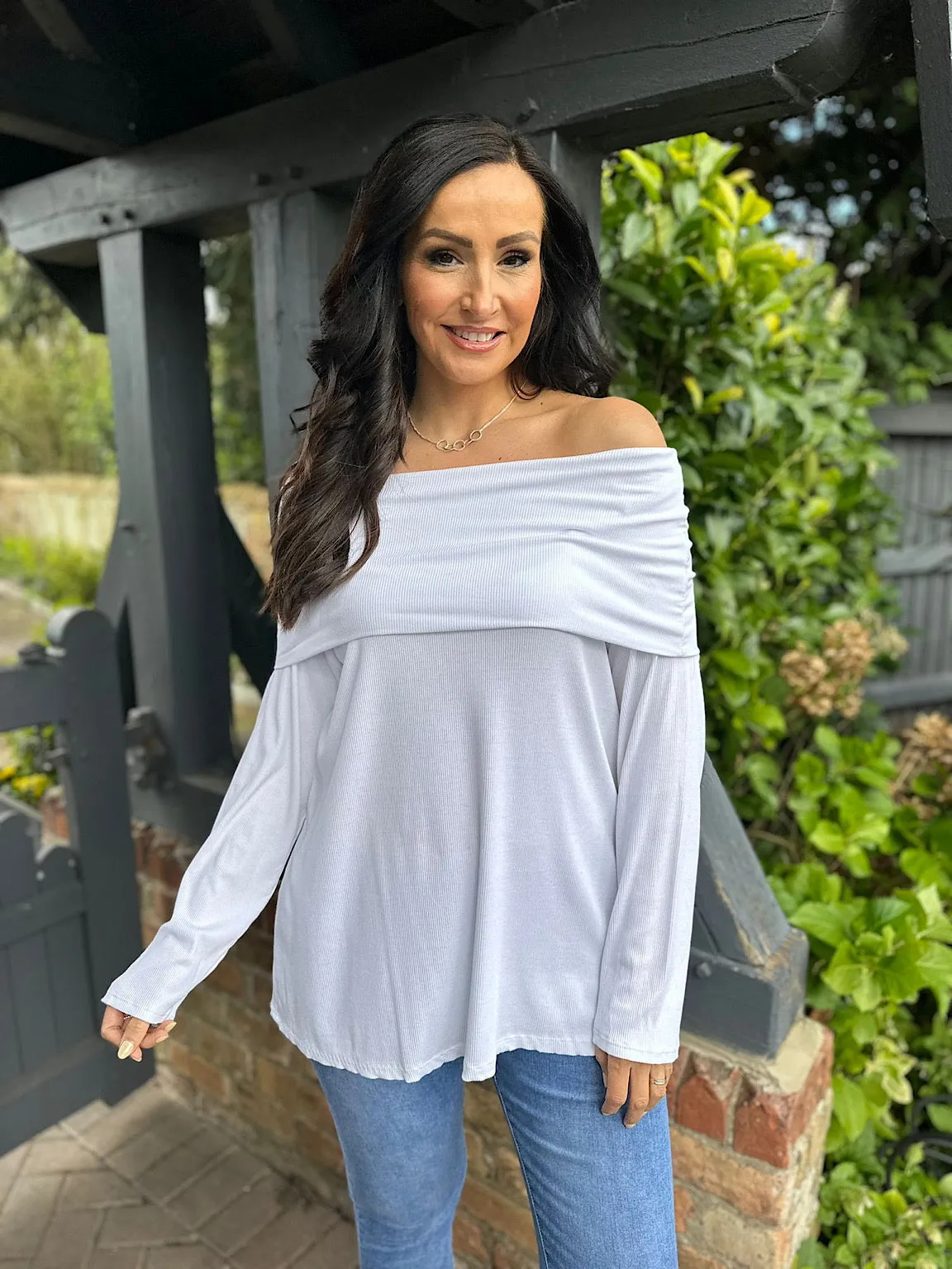 White Ribbed Off the Shoulder Top in Ruby