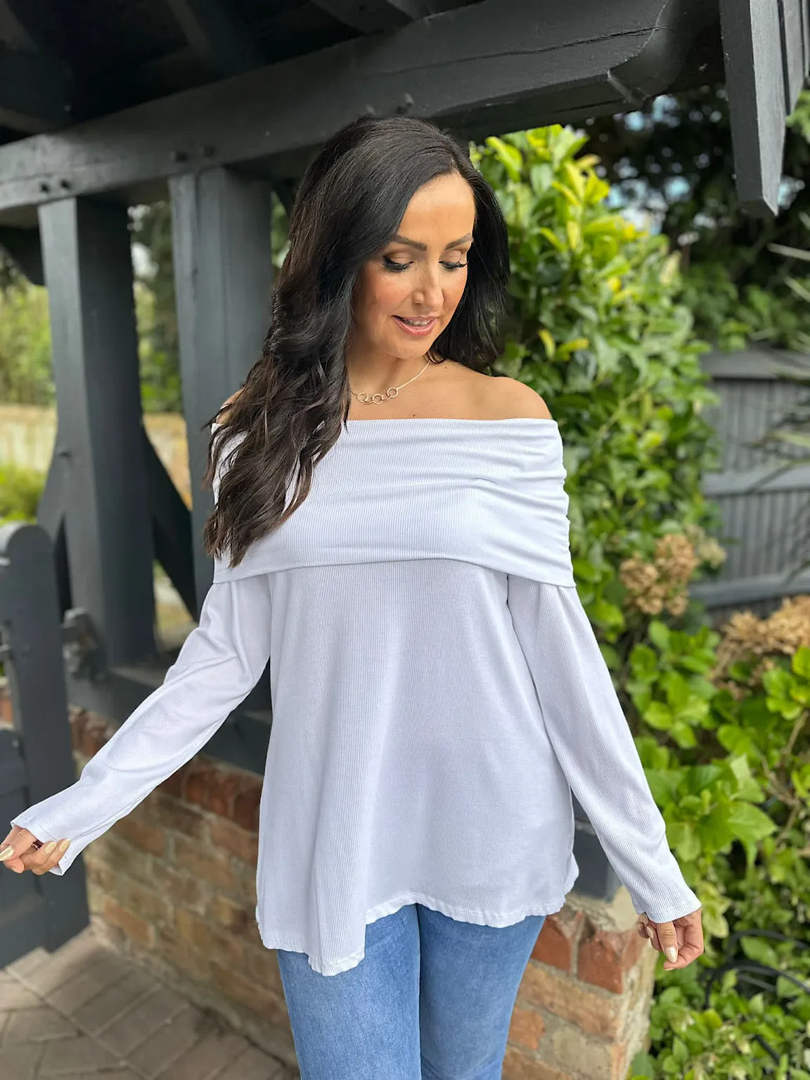 White Ribbed Off the Shoulder Top in Ruby