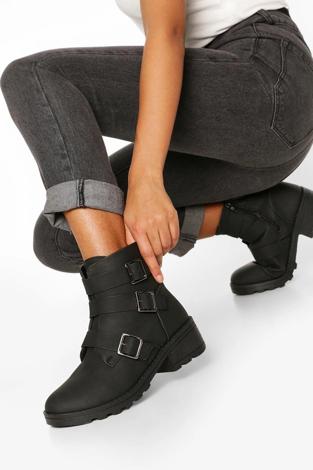 Wide Width 3 Buckle Block Heel Biker Boots