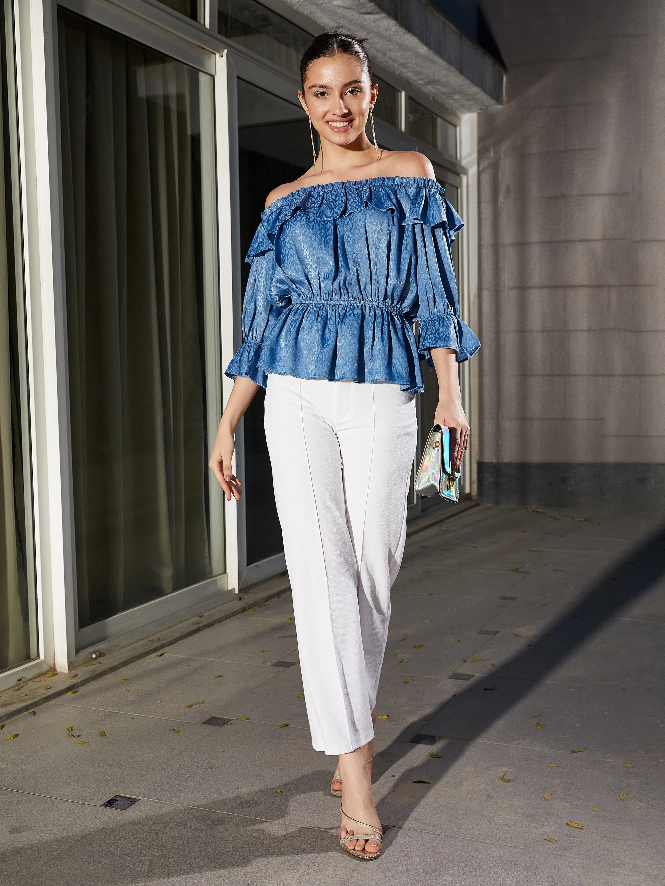 Women Blue Jacquard Off Shoulder Frilly Peplum Top