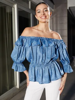 Women Blue Jacquard Off Shoulder Frilly Peplum Top