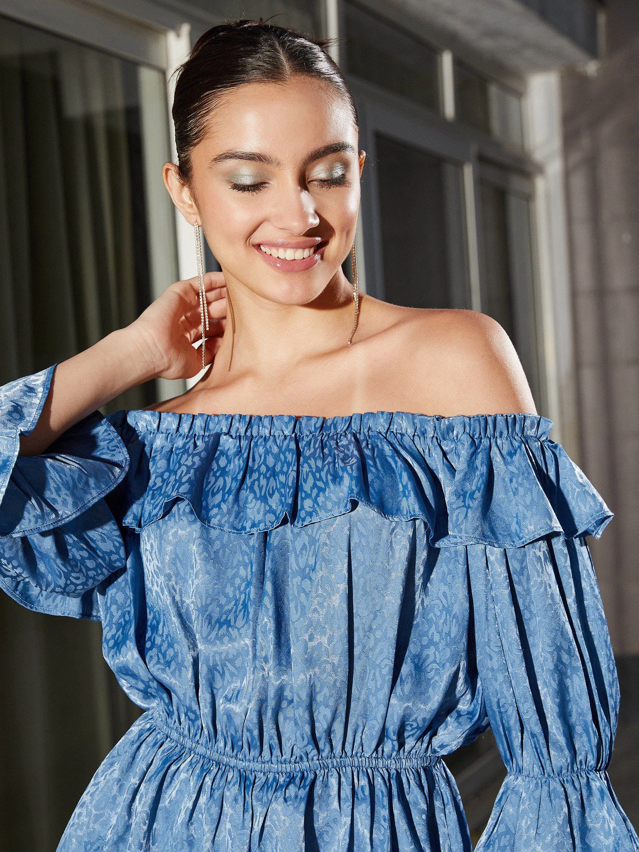 Women Blue Jacquard Off Shoulder Frilly Peplum Top