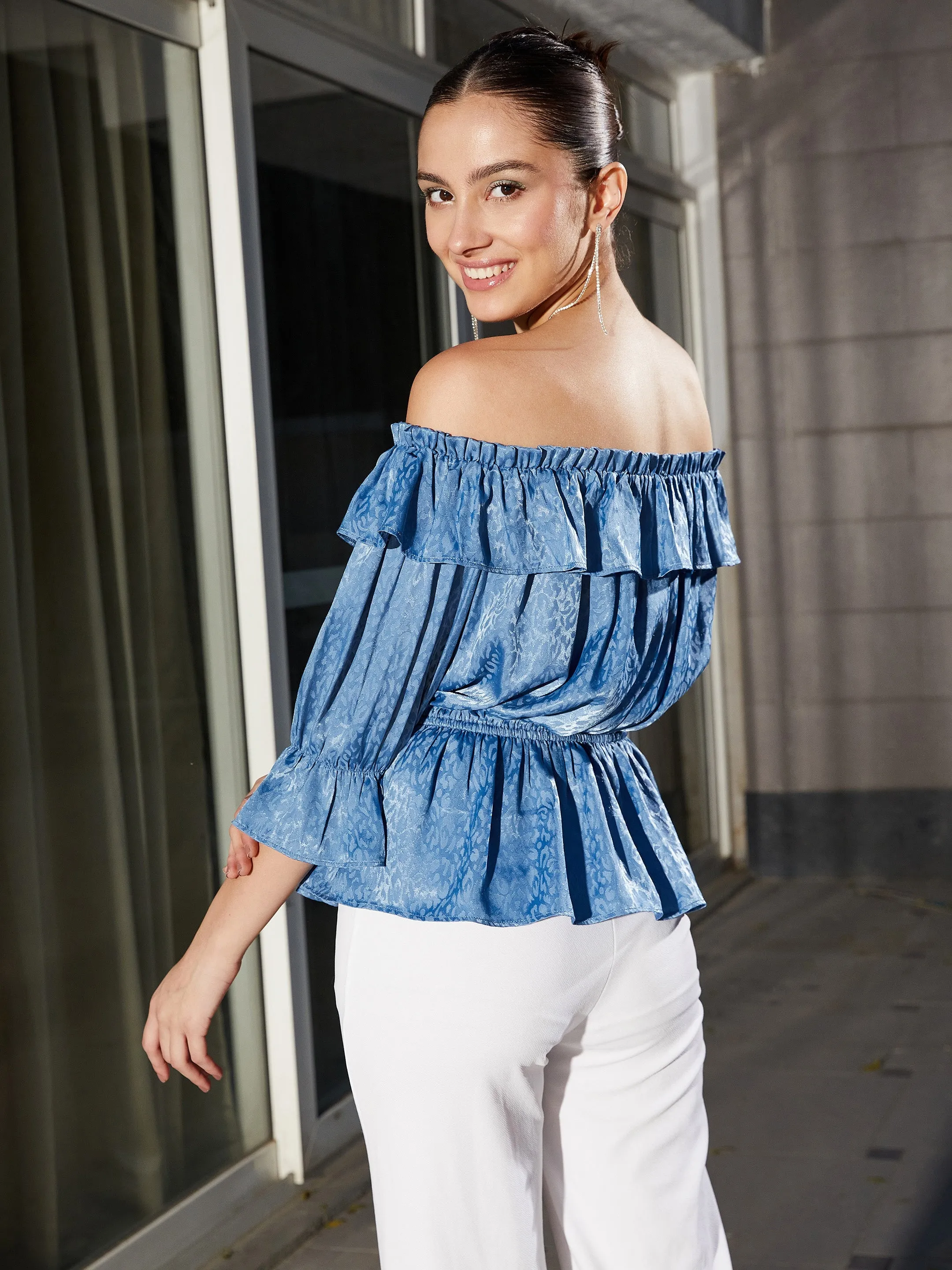 Women Blue Jacquard Off Shoulder Frilly Peplum Top