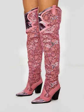 Western Style Chunky Heel Thigh-High Boots With Snake Pattern, Pointed Toe