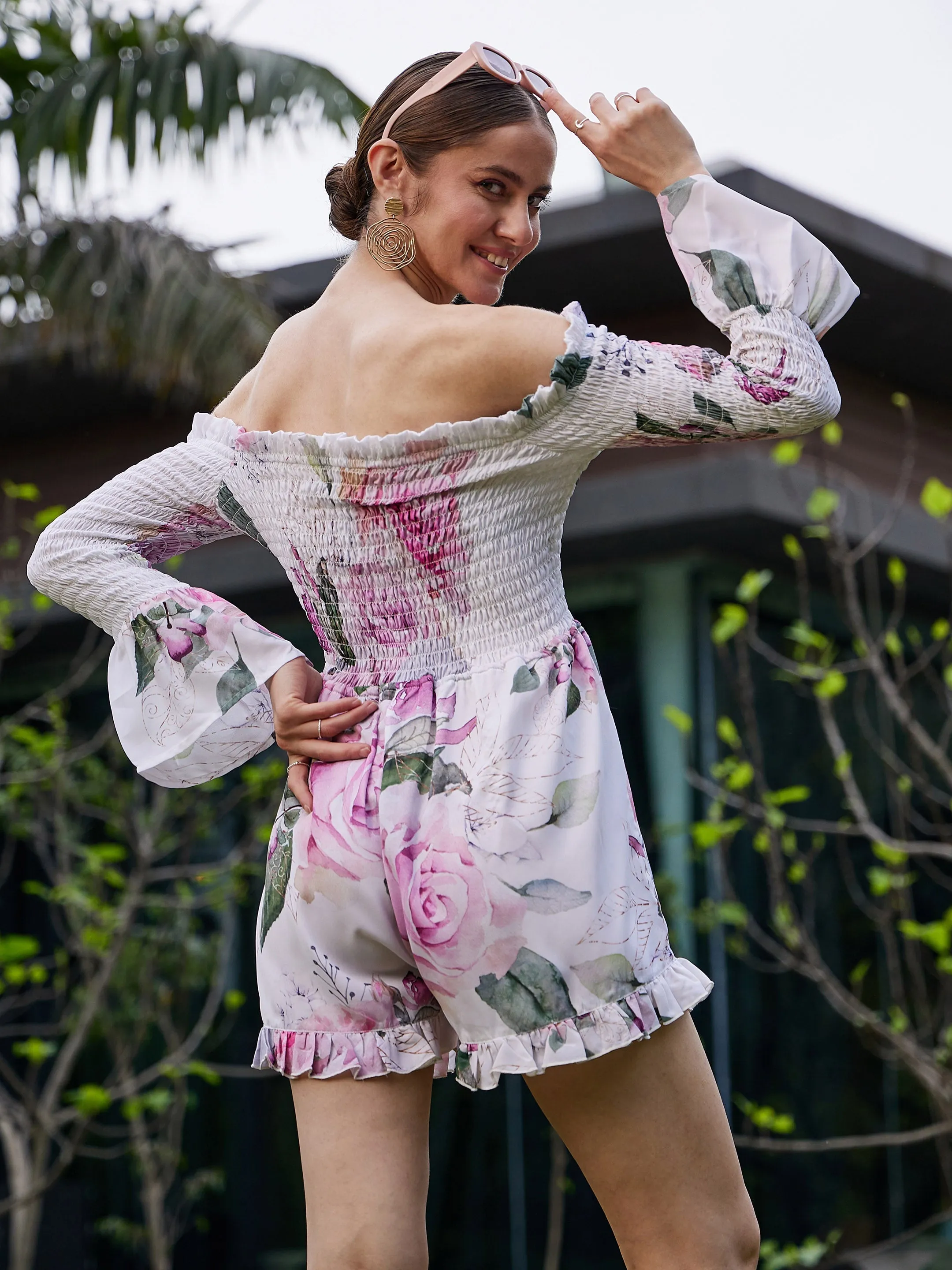 Women White Floral Off Shoulder Smoked Playsuit