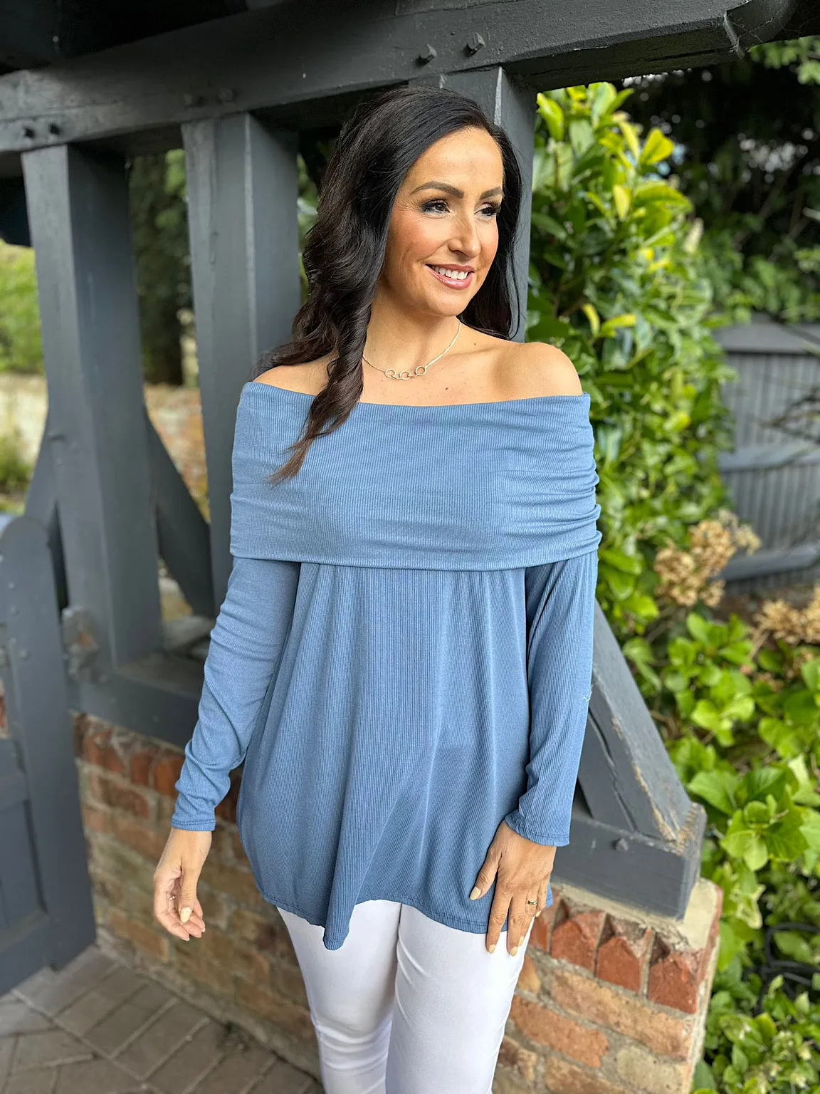 Women's Ruby Off-Shoulder Ribbed Denim Top