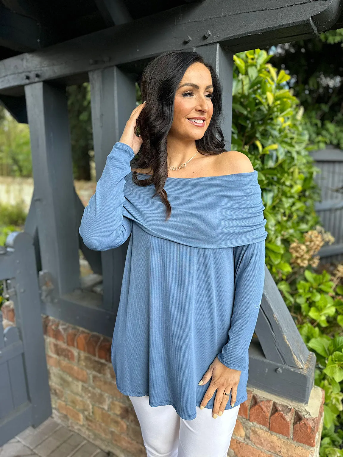 Women's Ruby Off-Shoulder Ribbed Denim Top