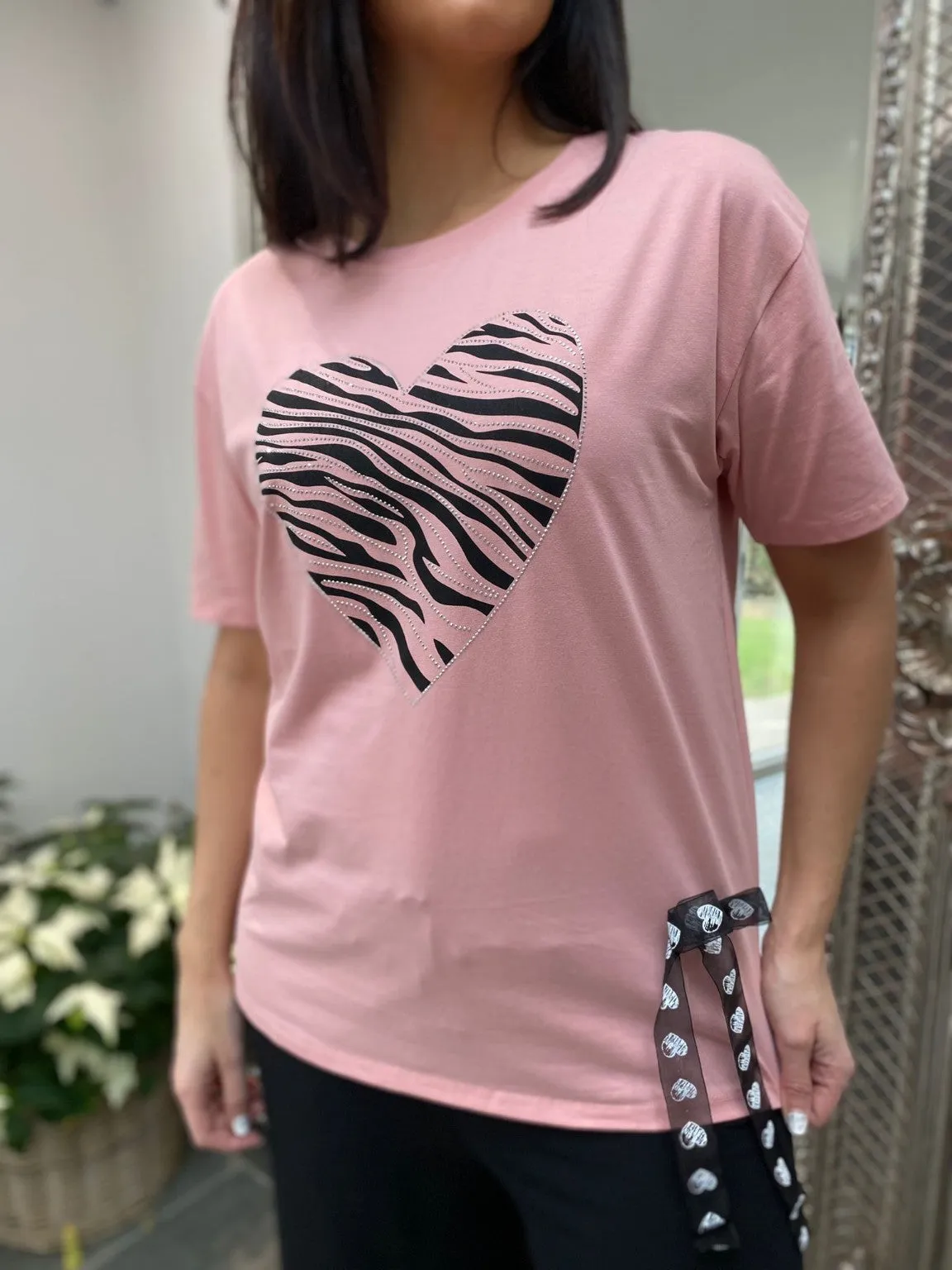 Zebra Print Rhinestone Heart T-shirt - Lucy