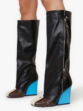 Zip Up Wedge Black High Heel Boots